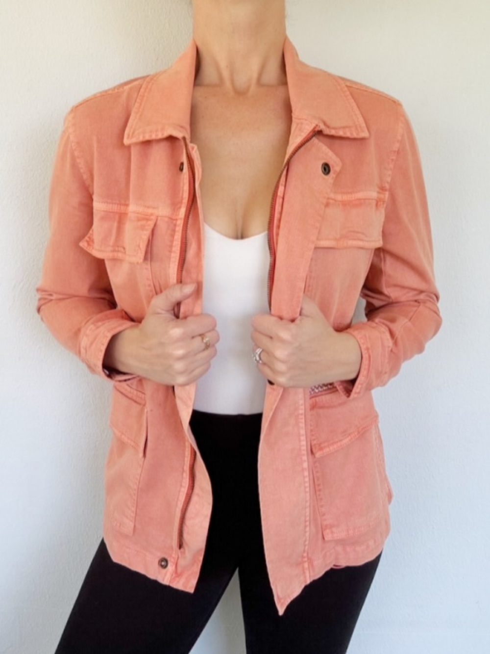 Caslon light orange cotton twill stretch cargo pocket full zip jacket size XS